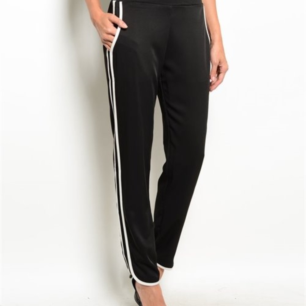 Black Casual Pants with Ivory Color Side Stripe